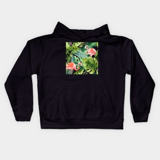 Pink Flamingos / Coral Orange and Dark Green Tropical Foliage Kids Hoodie